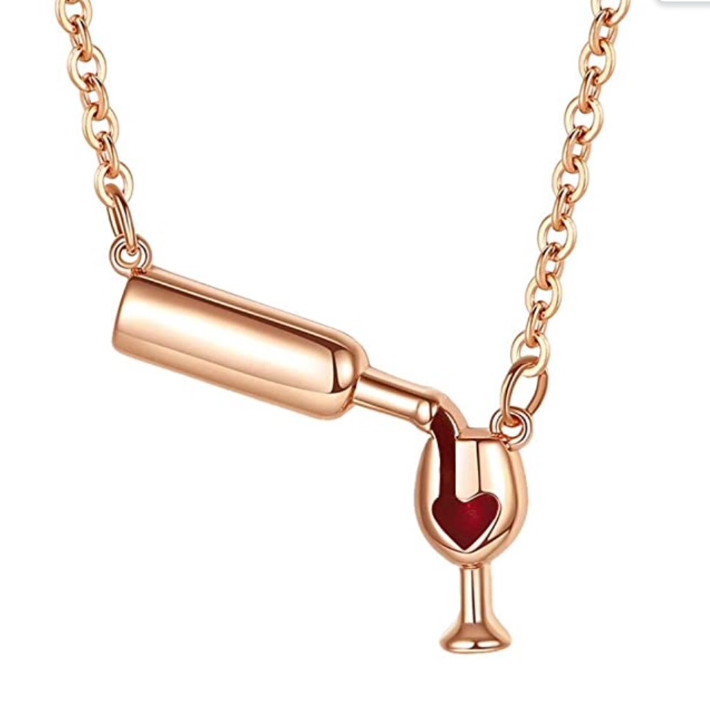 Rose Gold Wine Bottle & Glass Necklace Fun Novelty Jewelry